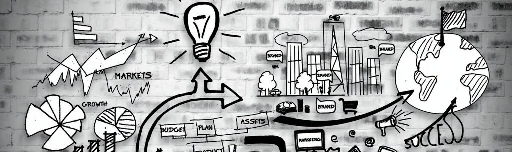 A black and white illustration depicting various marketing concepts, including graphs, light bulbs, and world maps, symbolizing growth and success in e-commerce.